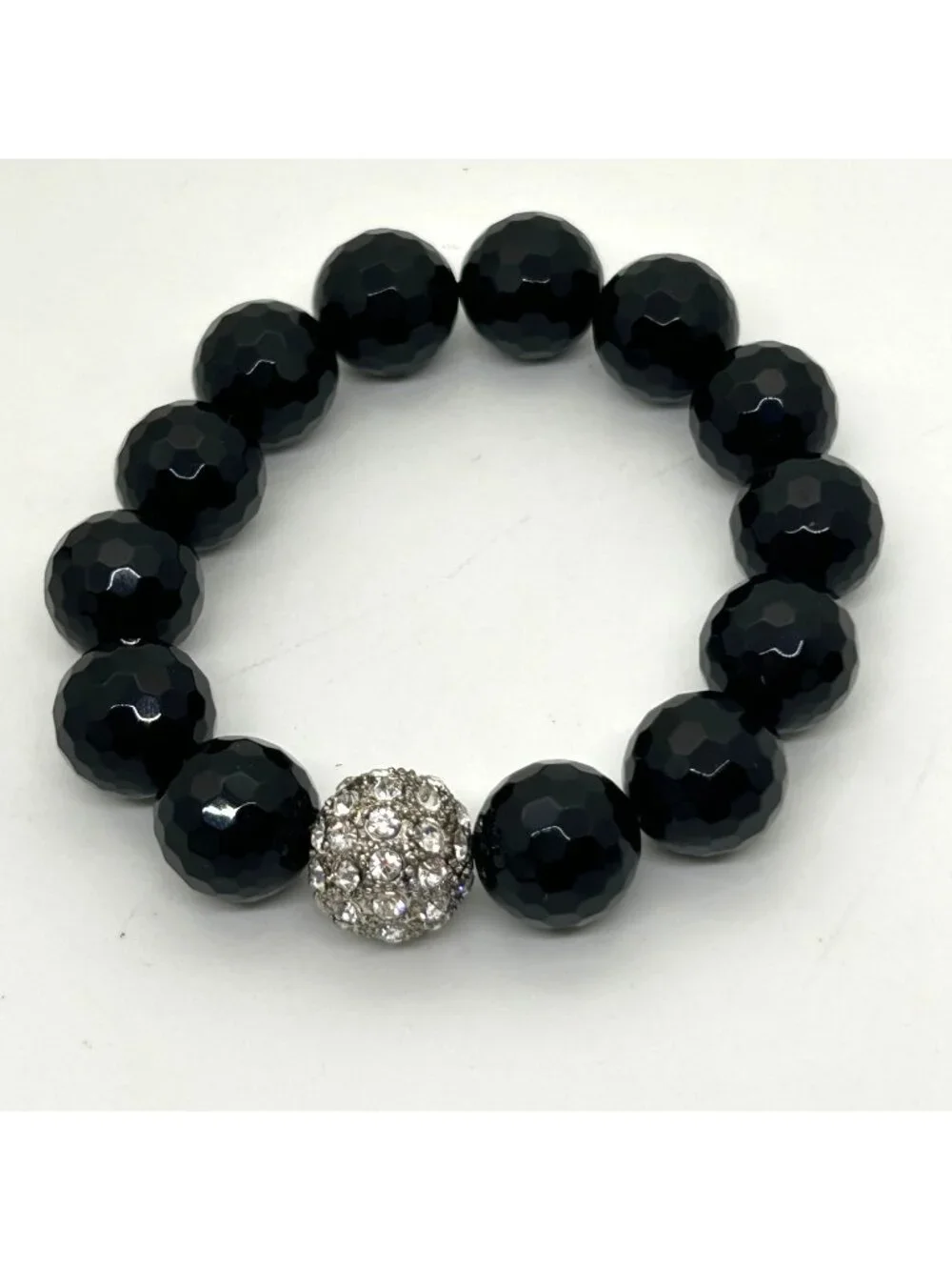 Black Glass Bead Faceted Stretch Bracelet With Sparkling Crystal Rhinestone Disc